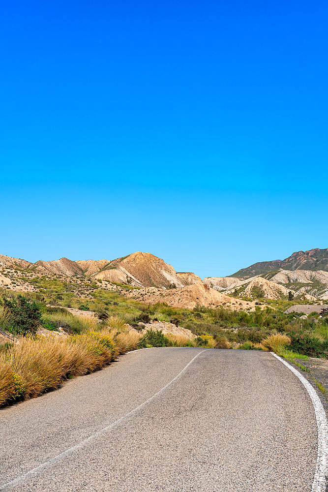 Road in Tabernas desert on a sunny day, Almeria, Andalusia, Spain, Europe