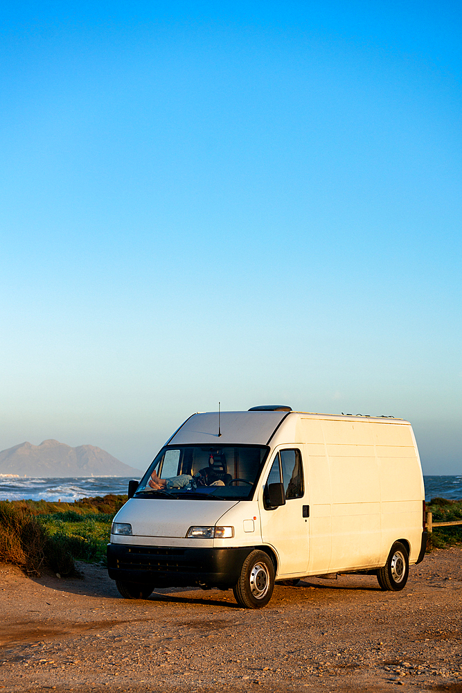 Camper van in Cabo de Gata National Park near the sea in Almeria, Andalusia, Spain, Europe