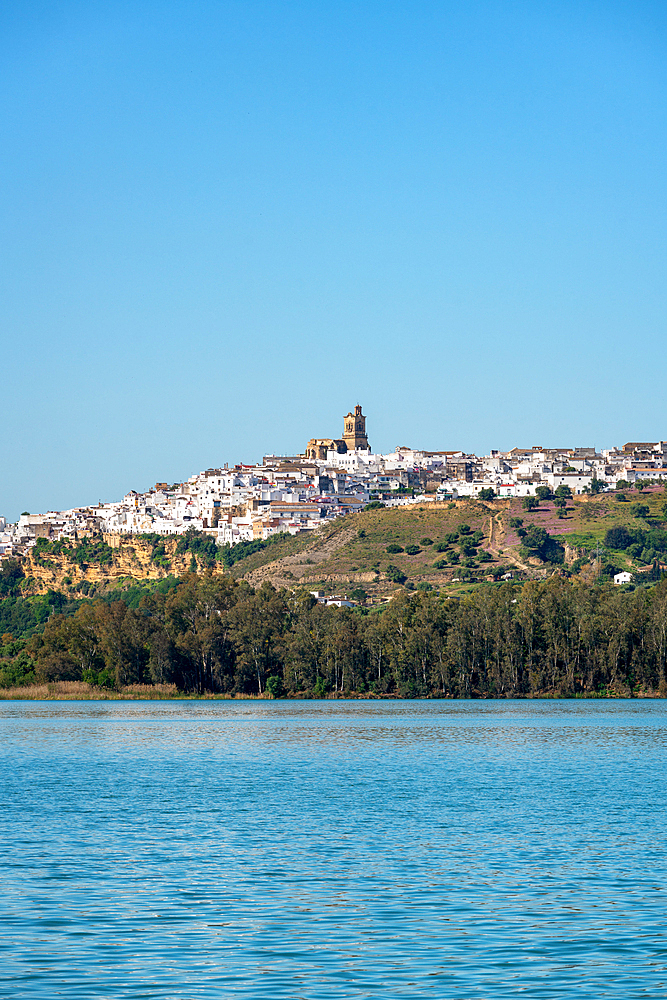 Arcos de la Frontera view from the other side of the lake in the Pueblos Blancos region, Andalusia, Spain, Europe