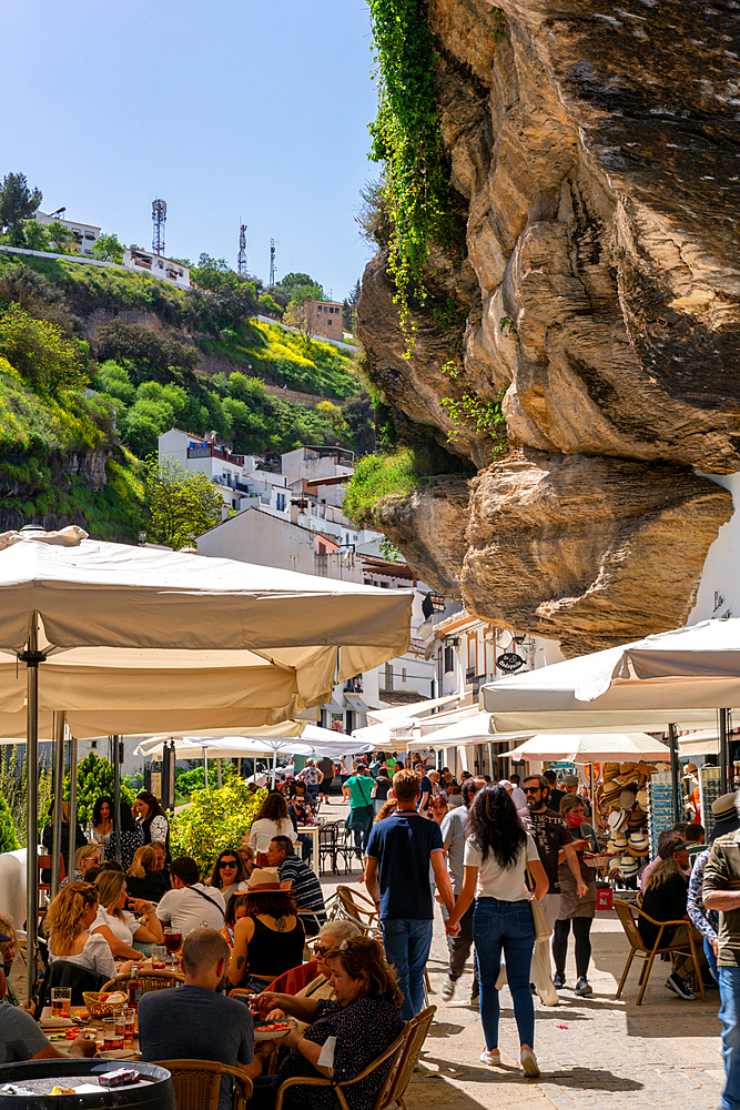 Street with white houses under a rock in Setenil de las Bodegas, Pueblos Blancos region, Andalusia, Spain, Europe