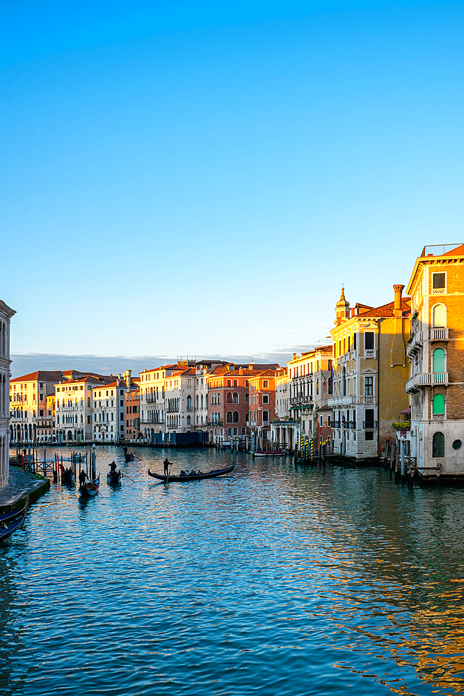 View with colorful houses and Camerlenghi Palace seen from the other side of the Grand Canal with traditional gondolas at sunset, Venice, UNESCO World Heritage Site, Veneto, Italy, Europe