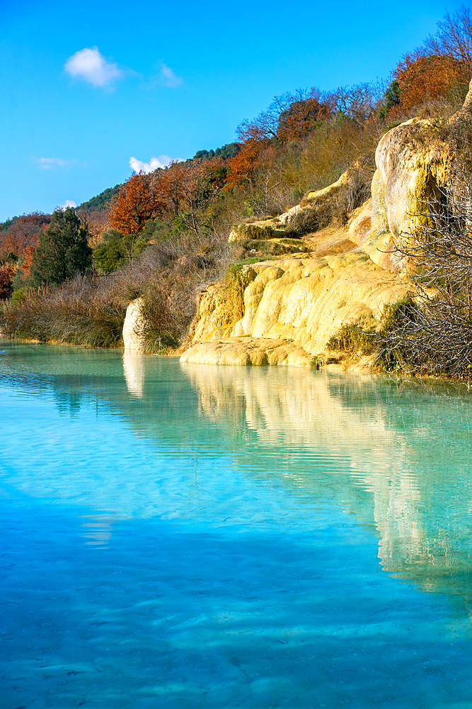 Antique Roman thermal baths hot springs in Bagno Vignoni, Tuscany, Italy, Europe