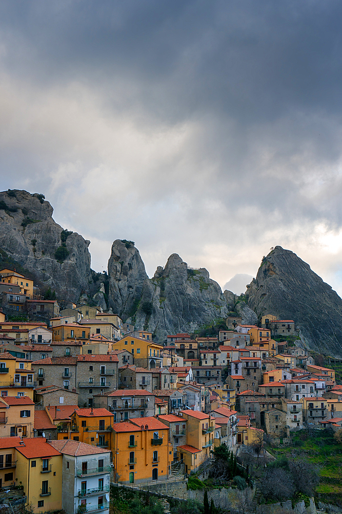 Castelmezzano historic village on the mountains at sunset, Castelmezzano, Basilicata, Italy, Europe