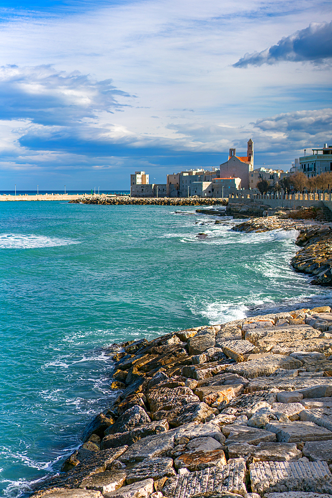 View of coast with Saint Mary of the Assumption Cathedral, Giovinazzo, Apulia, Italy, Europe