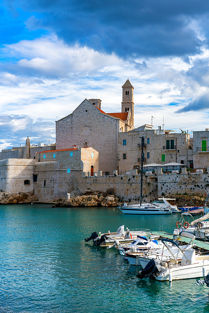 Giovinazzo Saint Mary of the Assumption cathedral with boats in the marina, in Italy