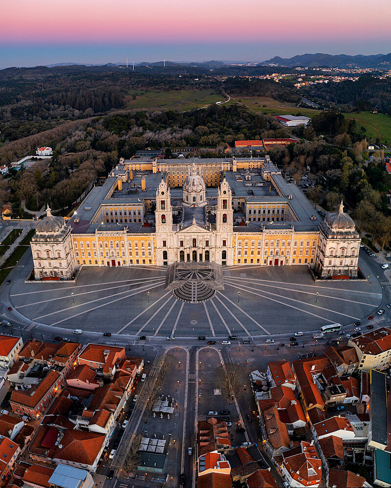 City drone aerial view at sunset with iconic Palace, Mafra, Portugal, Europe