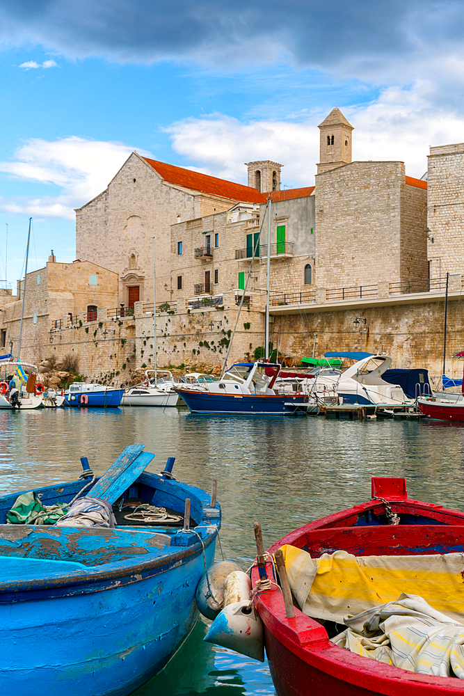 Saint Mary of the Assumption Cathedral with boats in the marina, Giovinazzo, Apulia, Italy, Europe