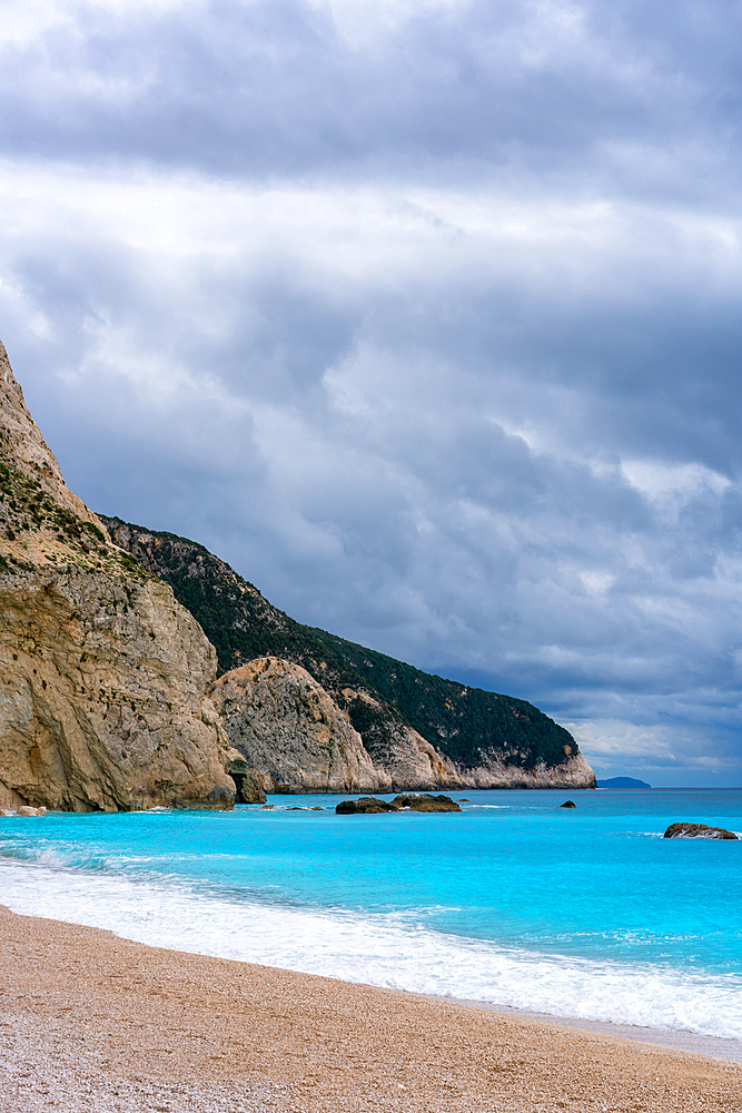 Porto Katsiki beach with turquoise water in Lefkada island on a cloudy day, in Greece