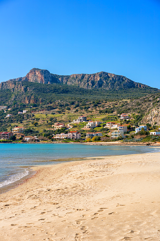 Plitra beach with turquoise water in Karavostasi in the south of Greece