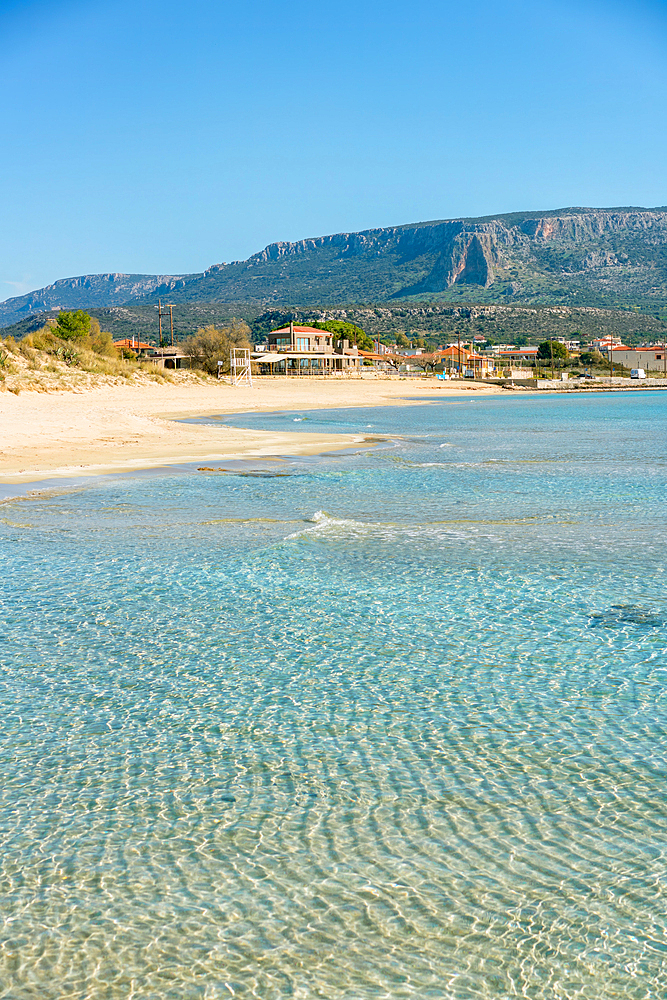 Plitra beach with turquoise water in Karavostasi in the south of Greece