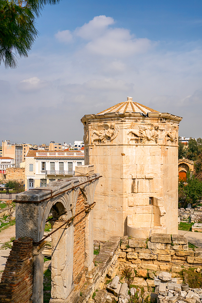 Horologion of Andronikos Kyrrhestes Tower of the winds in Roman Forum Agora in Athens, Greece