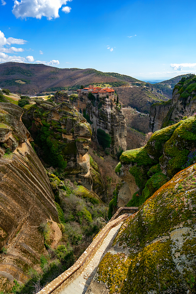 Meteora ancient holy monastery of Varlaam seen from Great Meteoron in Unesco site in Kalabaka, Greece