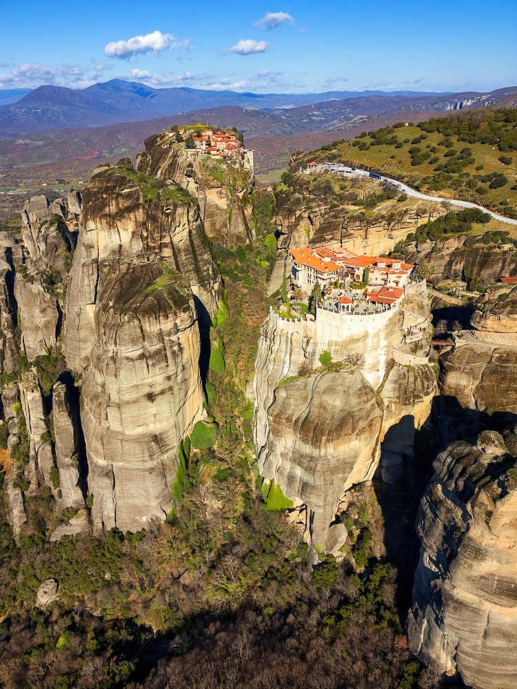 Meteora ancient holy monastery of Varlaam and Great Meteoron drone aerial view in Unesco site in Kalabaka, Greece