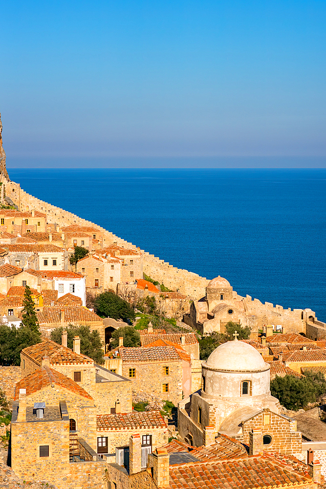 Monemvasia island historic stone houses and churches, in Greece