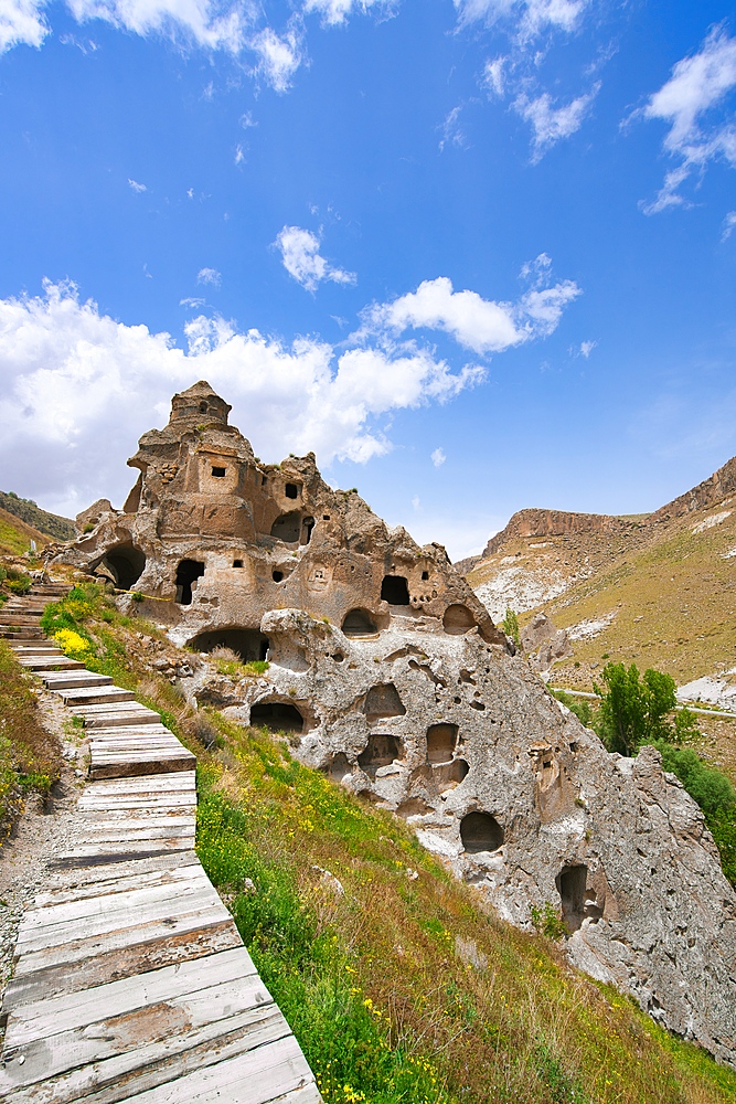 Soganli ancient houses carved on the rock with multiple floors in Cappadocia, Turkey