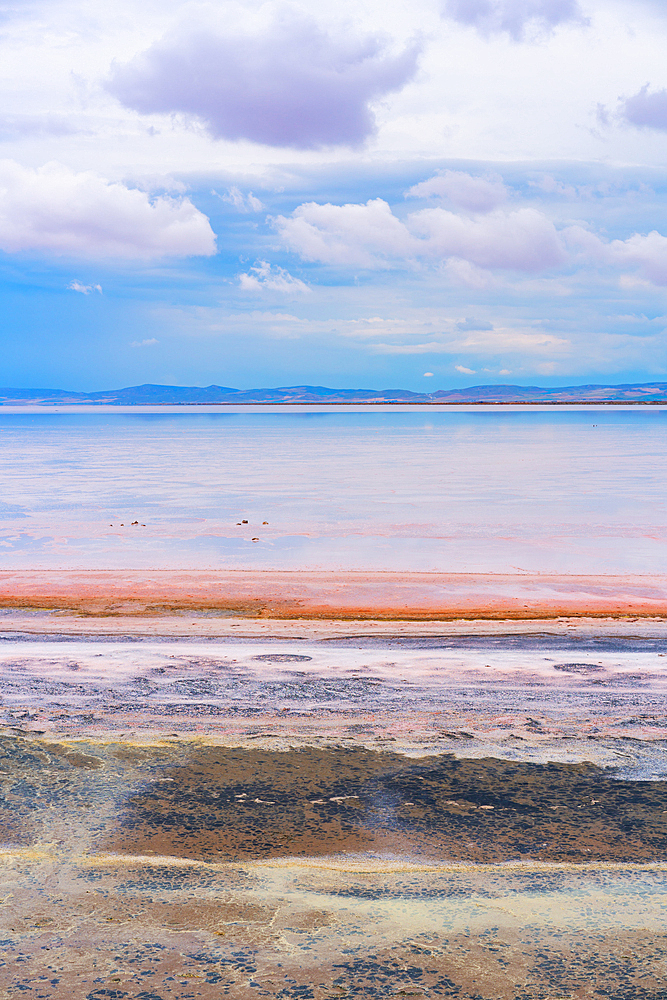 Tuz salt lake with beautiful pink colours at sunset in Turkey