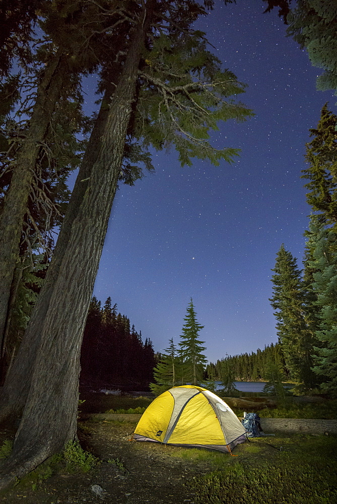 Backpacker camp at Marie Lake, Diamond Peak Wilderness, Cascade Mountains, Oregon.