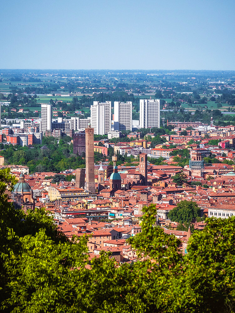 Cityscape view of Bologna's old town center, with the Two Towers, Bologna, Emilia Romagna, Italy, Europe