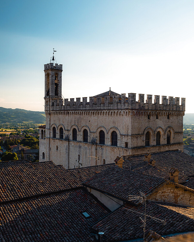 Palazzo dei Consoli in Gubbio's old town from above, Gubbio, Umbria, Italy, Europe