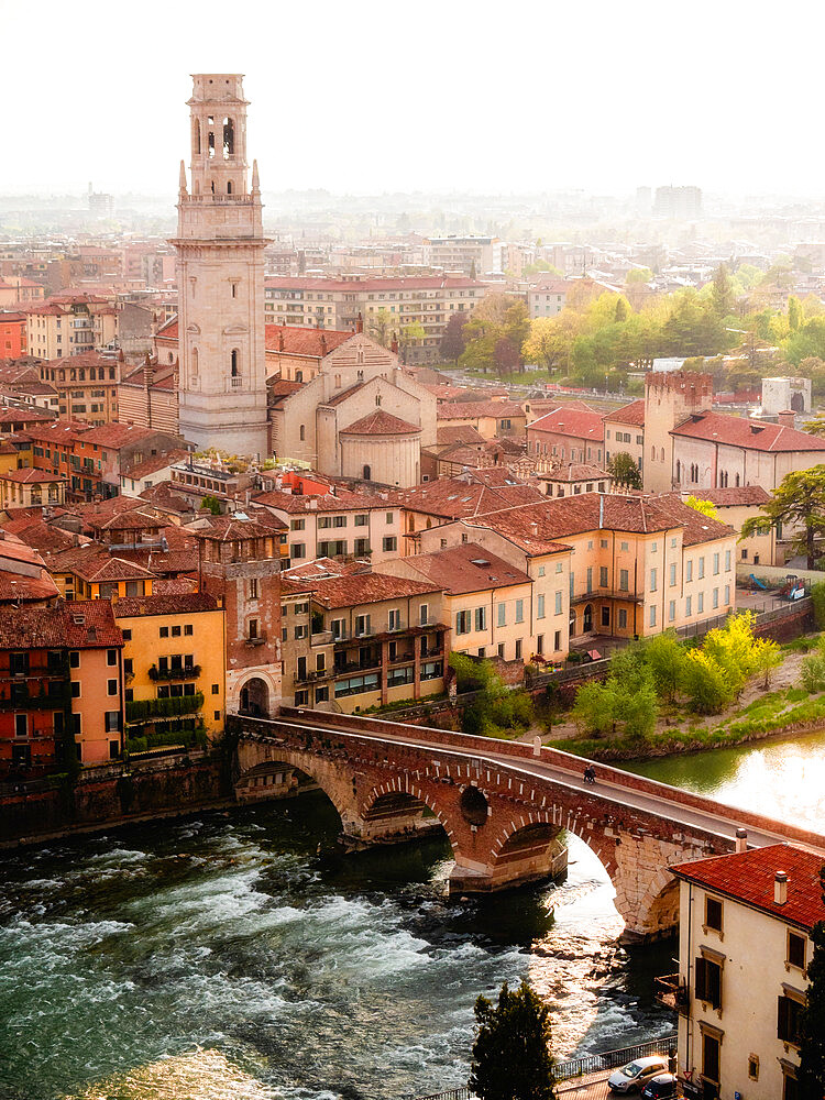 View of Ponte Pietra from Castel San Pietro, Verona, Veneto, Italy, Europe