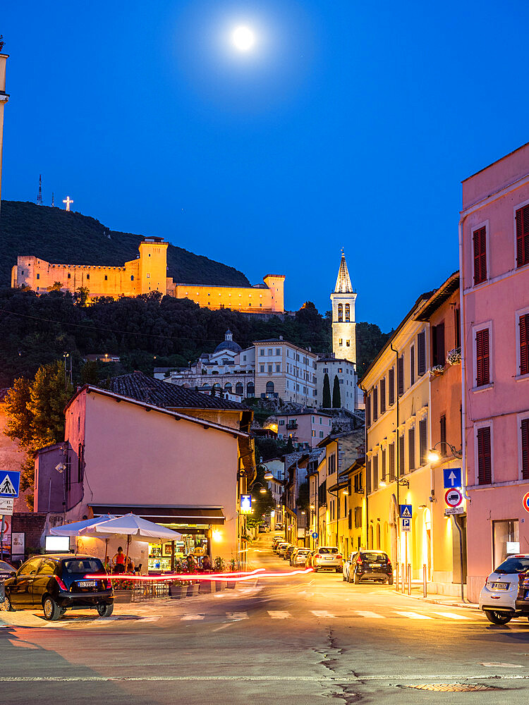 View of the Rocca Albornoz and Spoleto Cathedral at night, Spoleto, Umbria, Italy, Europe