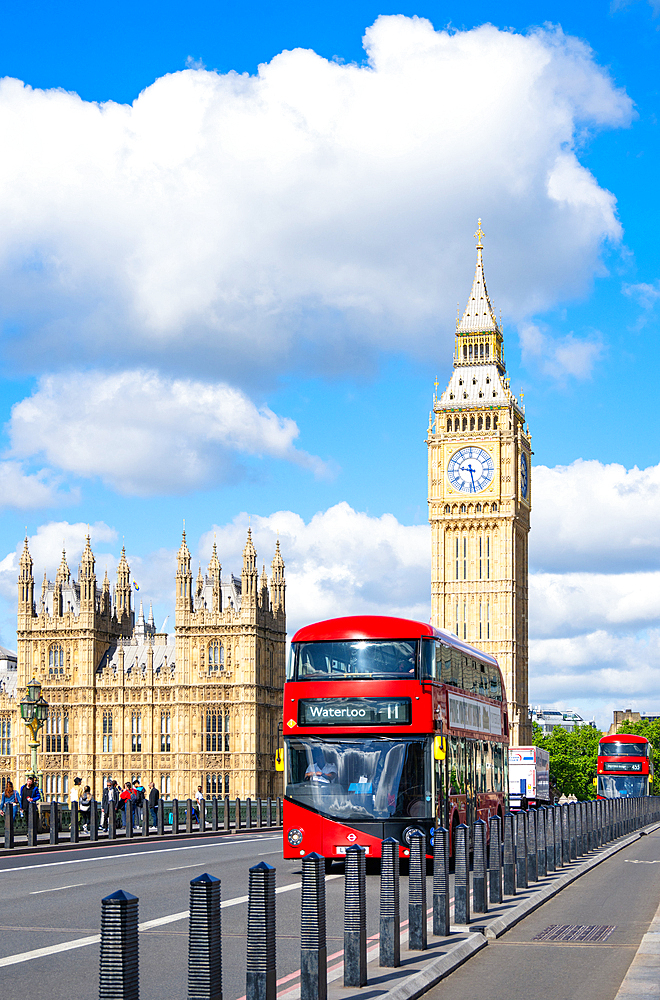 View towards Big Ben (The Elizabeth Tower) and the Palace of Westminster, as seen from Westminster Bridge, London, England, United Kingdom, Europe