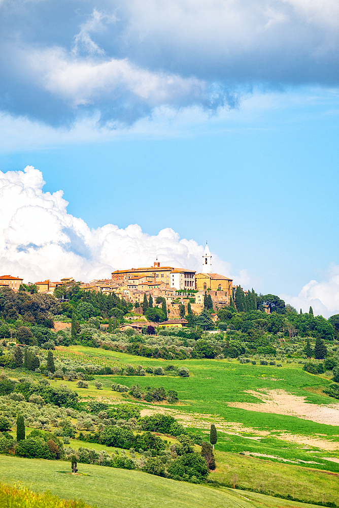 View towards a hilltop town of Pienza, Val d'Orcia, UNESCO, Tuscany, Italy