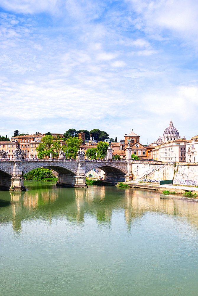 View towards Ponte Vittorio Emanuele II and the dome of the Saint Peters Basilica, Rome, Lazio, Italy