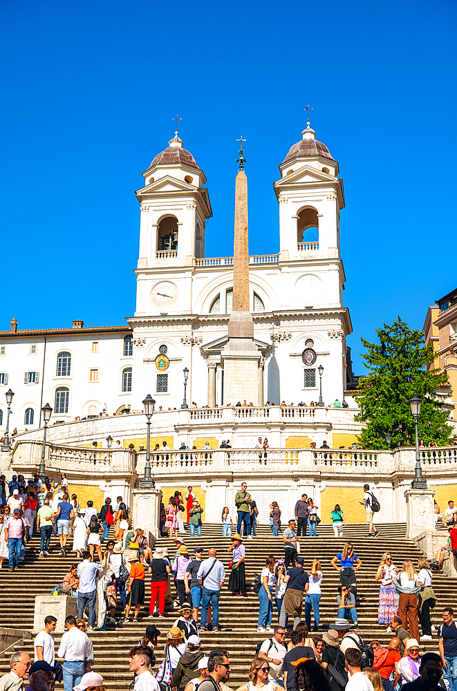 The Spanish Steps leading to the Trinita dei Monti church, as seen from Piazza di Spagna, Rome, Lazio, Italy