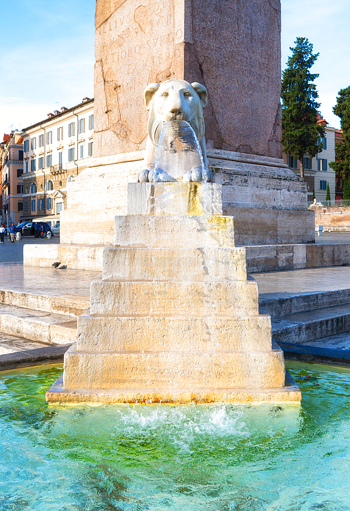 Egyptian-style lion sculpture of Fontana dell'Obelisco on Piazza del Popolo, Rome, Italy