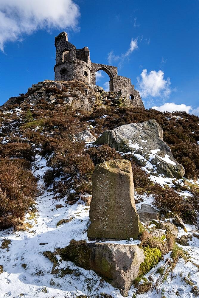 Primitive Methodist Movement monument stone and Mow Cop Castle in winter, Mow Cop, Cheshire, England, UK