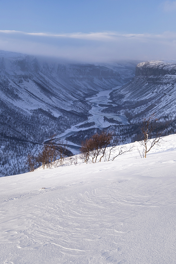 Alta Canyon and the Alta River from the Finnmark Plateau in winter, Finnmark Plateau, near Alta, Arctic Cirle, Norway, Scandinavia, Europe