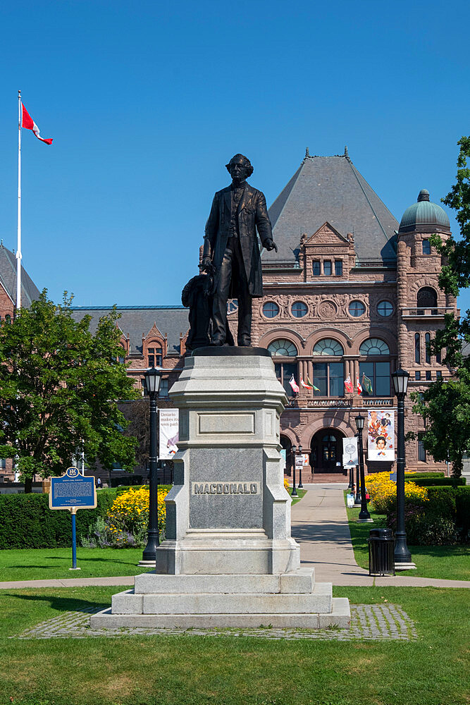 Macdonald Statue outside the Legislative Assembly of Ontario Building in summer, Queens Park, Toronto, Ontario, Canada, North America