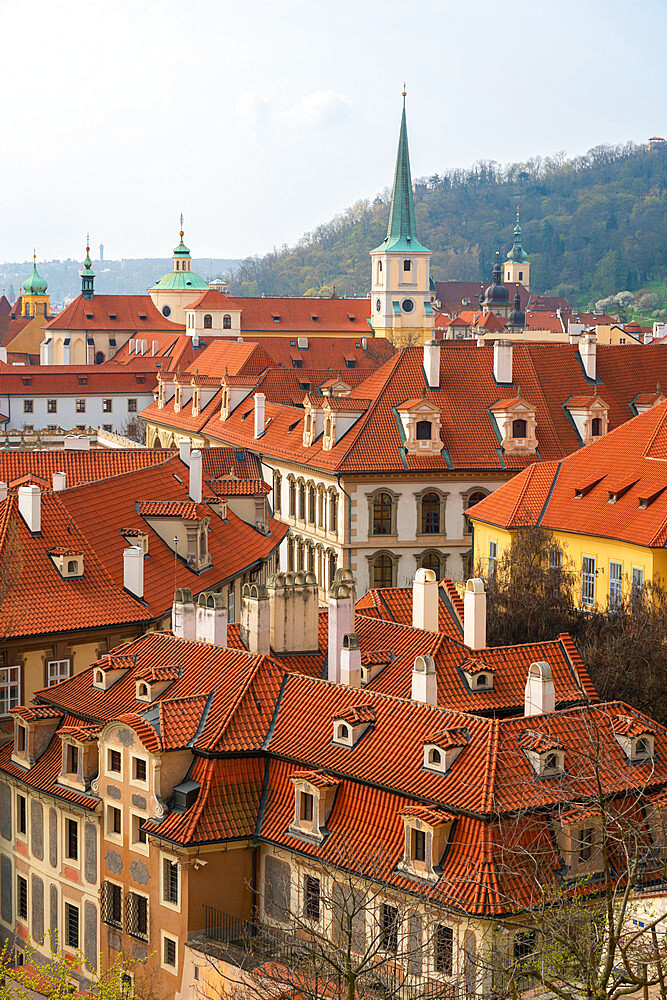 Red roofs of Lesser Quarter dominated by St Thomas church, UNESCO, Prague, Czech Republic