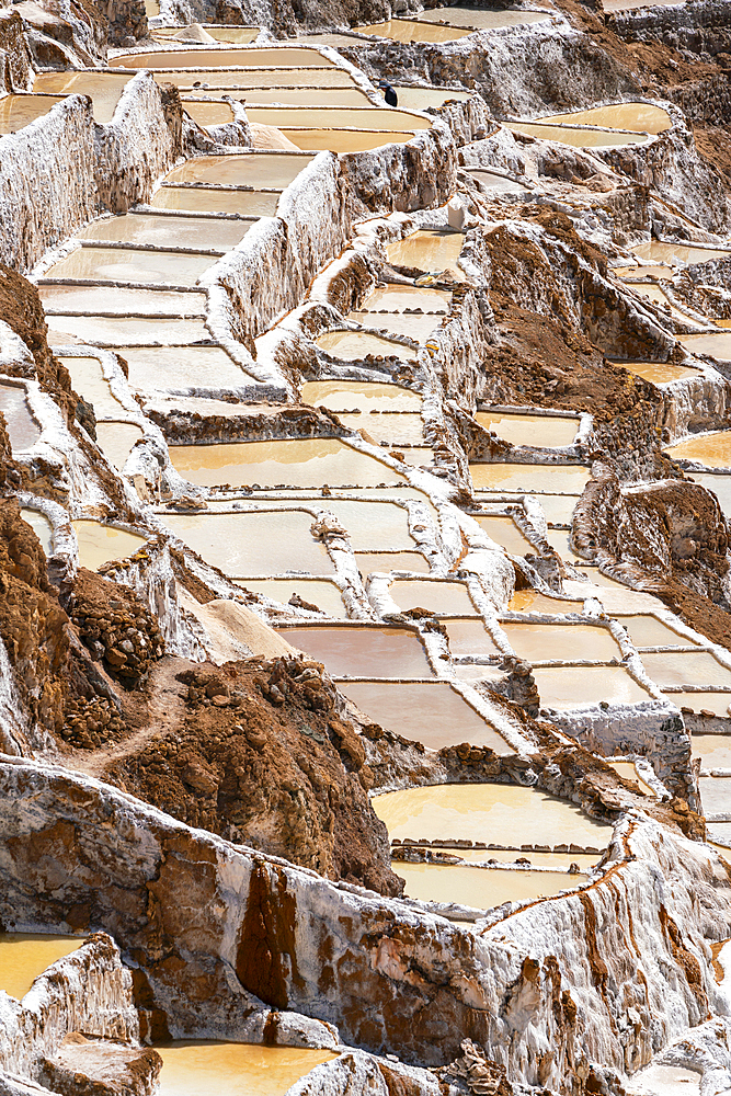 High angle view of Maras salt marsh terraces, Salinas de Maras, Cuzco Region, Peru, South America