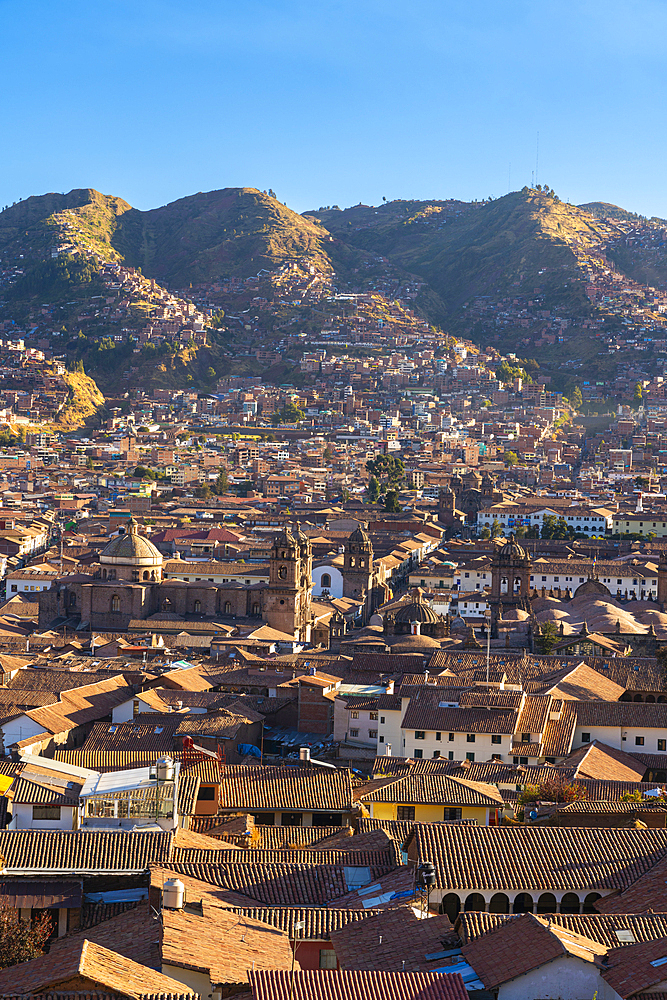 Elevated view of Cusco (Cuzco) Cathedral and Church of the Society of Jesus, UNESCO, Cusco (Cuzco), Cusco Province, Cusco Region, Peru, South America