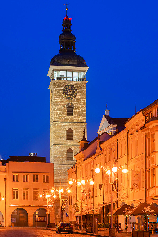 Black Tower of Ceske Budejovice and Namesti Premysla Otakara II. at twilight, South Bohemian Region, Czech Republic