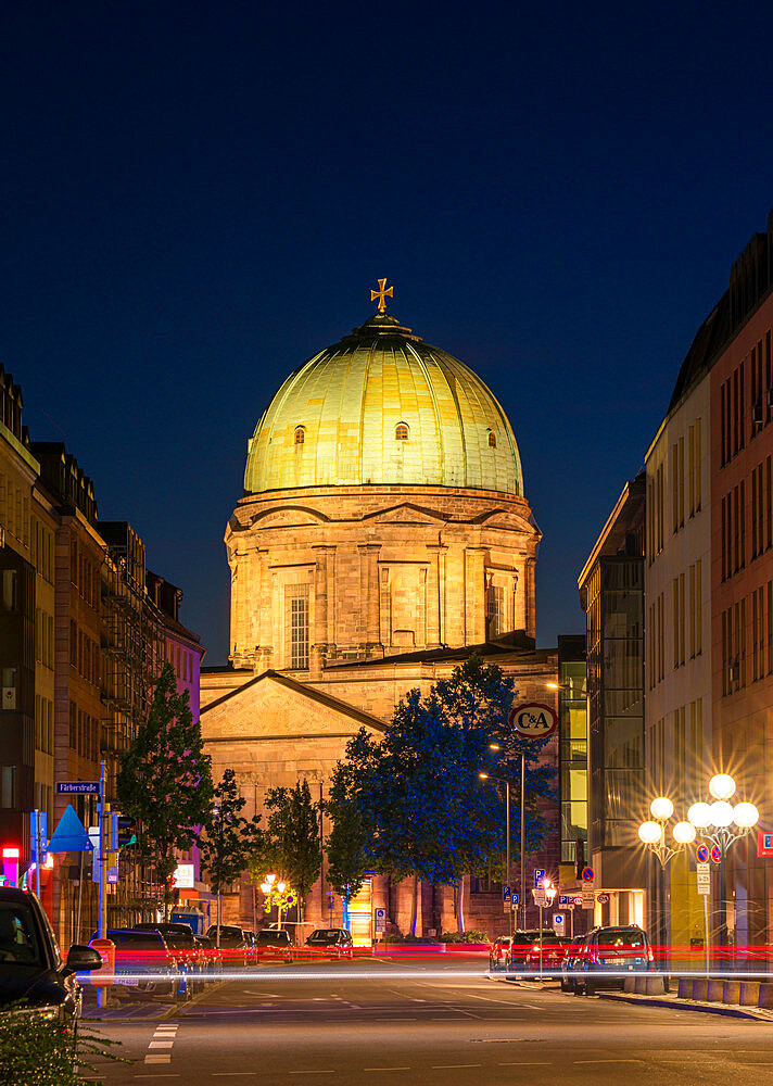 Illuminated dome of St. Elisabeth Church at night, Nuremberg, Bavaria, Germany, Europe