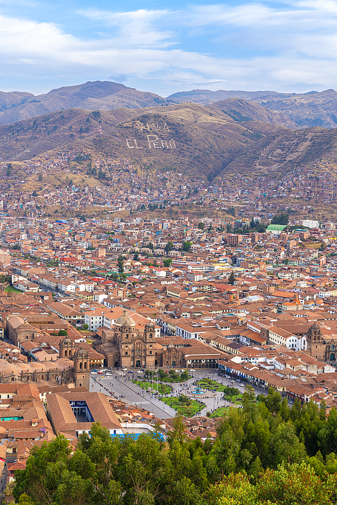 Elevated view of Plaza de Armas, Cusco, UNESCO World Heritage Site, Cusco Region, Peru, South America