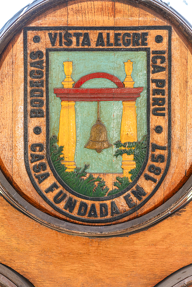 Deatil of logo on barrel, Vista Alegre Winery, Ica, Peru