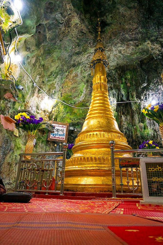 Golden stupa inside Myin Ma Hti Caves, near Kalaw and Aungpan, Myanmar