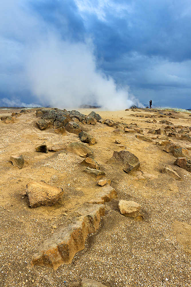 Smoking fumarole and person, Namafjall Hverir, Iceland, Polar Regions