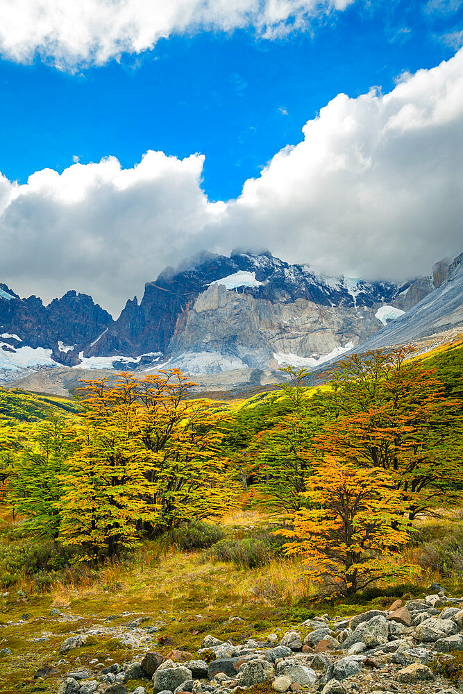 Mountains around Valle Frances (Valle del Frances) in autumn, Torres del Paine National Park, Patagonia, Chile, South America