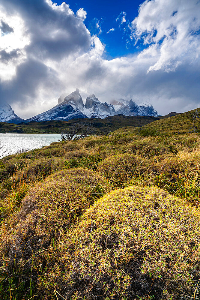 Scenic view of Los Cuernos mountain peaks from shore of Lago Pehoe, Torres del Paine National Park, Patagonia, Chile, South America