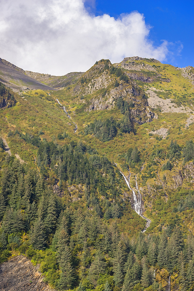 Waterfall on island, Kenai Fjords National Park, Alaska, United States of America, North America