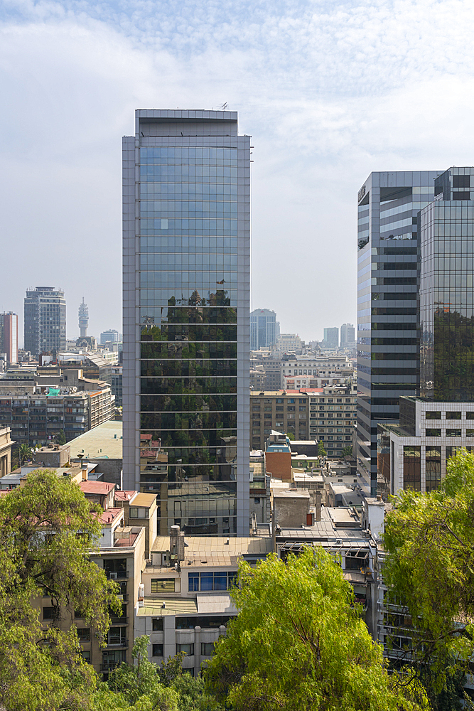 High-rise buildings of Santiago city center seen from top of Santa Lucia Hill, Santiago Metropolitan Region, Chile, South America