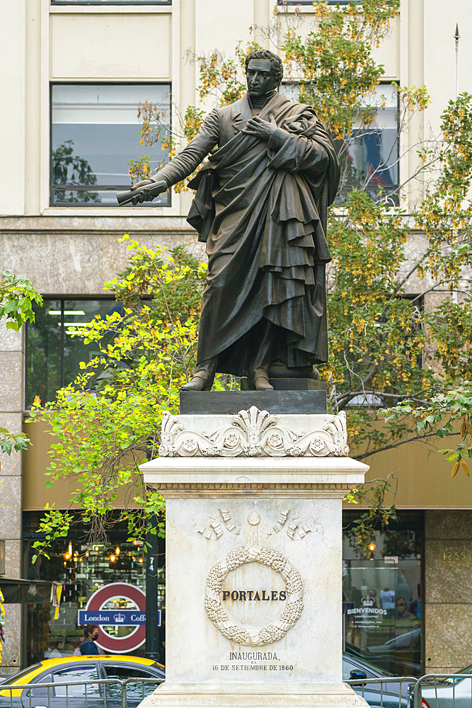 Statue of Chilean statesman Diego Portales at Plaza de la Constitucion in front of La Moneda palace, Santiago, Santiago Metropolitan Region, Chile, South America