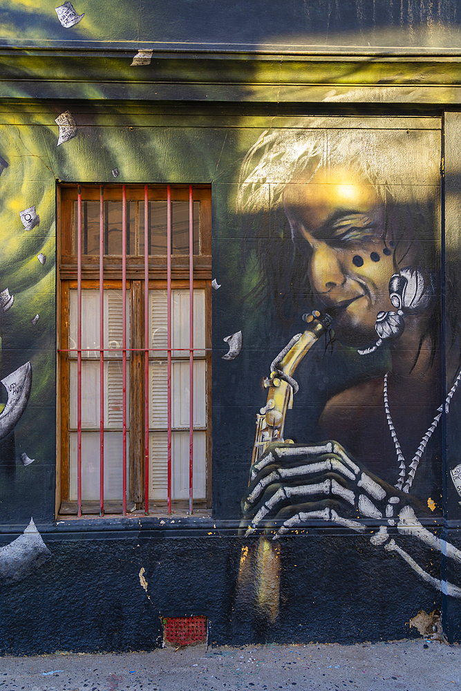 Painted mural of man playing saxophone, Cerro Bellavista, Valparaiso, Valparaiso Province, Valparaiso Region, Chile, South America