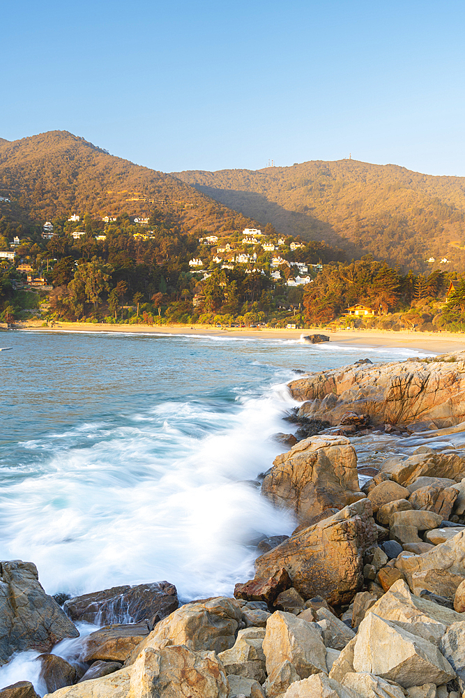 Zapallar beach at sunset, Zapallar, Petorca Province, Valparaiso Region, Chile, South America