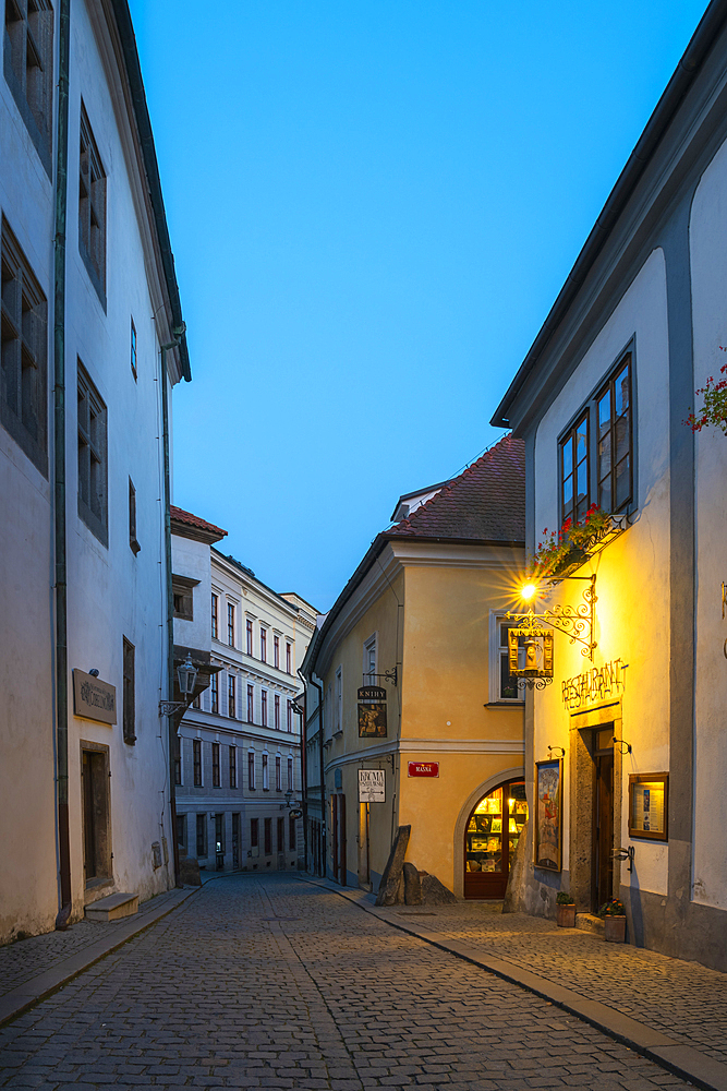 Empty street in historical center at twilight, UNESCO World Heritage Site, Cesky Krumlov, South Bohemian Region, Czech Republic (Czechia), Europe